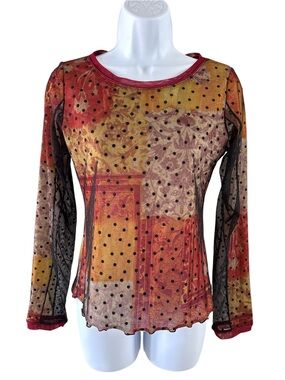 ANAC Designed by Kimi Y2K Sheer Mesh Polka Dot Floral Long Sleeve Top Medium